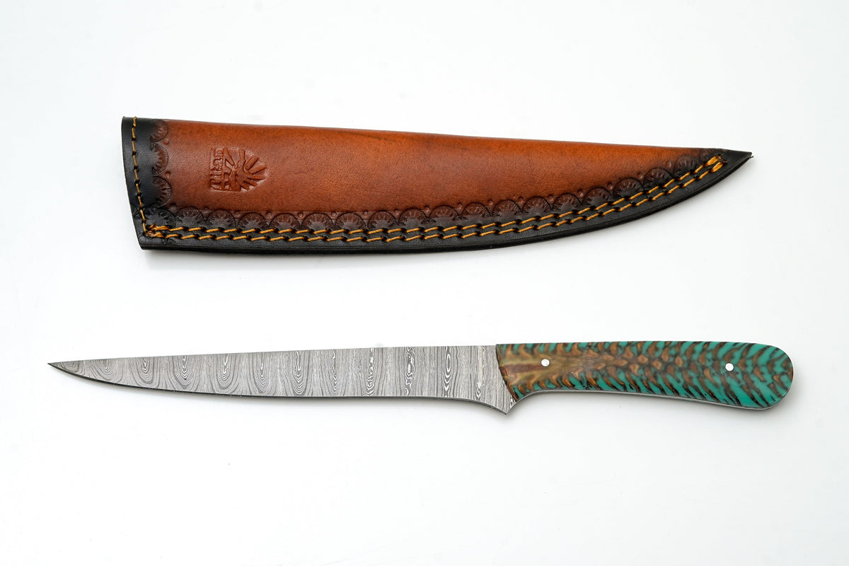 Hand-Forged Damascus Steel Fillet Knife | Custom Teal Pine Cone Resin Handle | Professional Fishing Tool TK-469