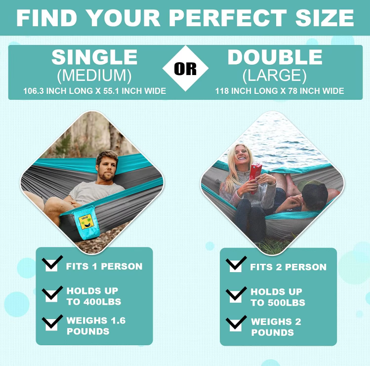 Lightweight Nylon Camping Hammock | Single & Double with Straps & Carabiners