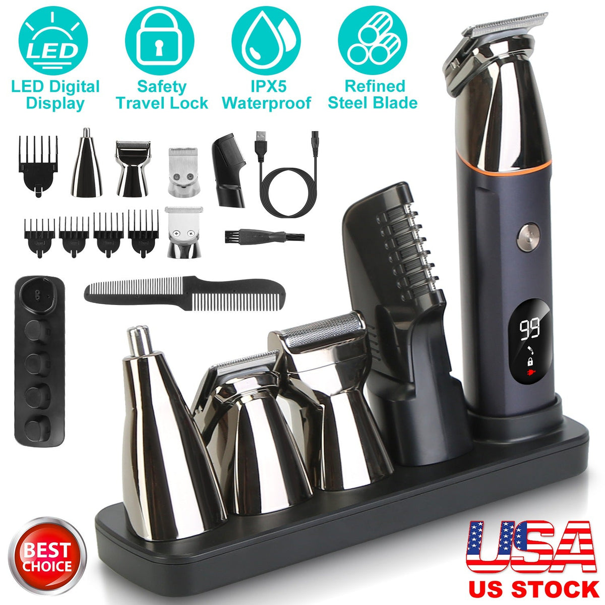 5-in-1 Beard Trimmer for Men – IPX5 Waterproof Cordless Grooming Kit