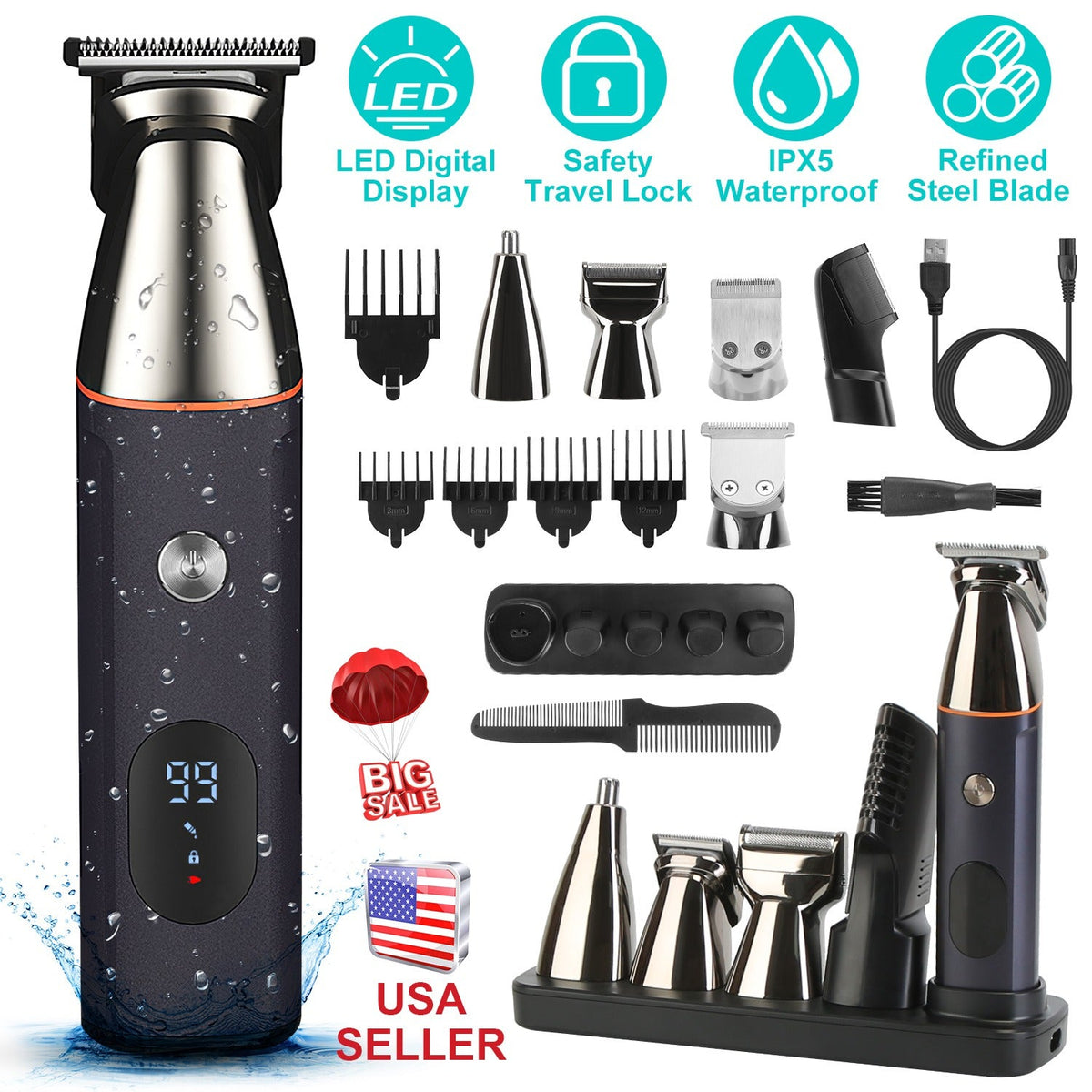 5-in-1 Beard Trimmer for Men – IPX5 Waterproof Cordless Grooming Kit