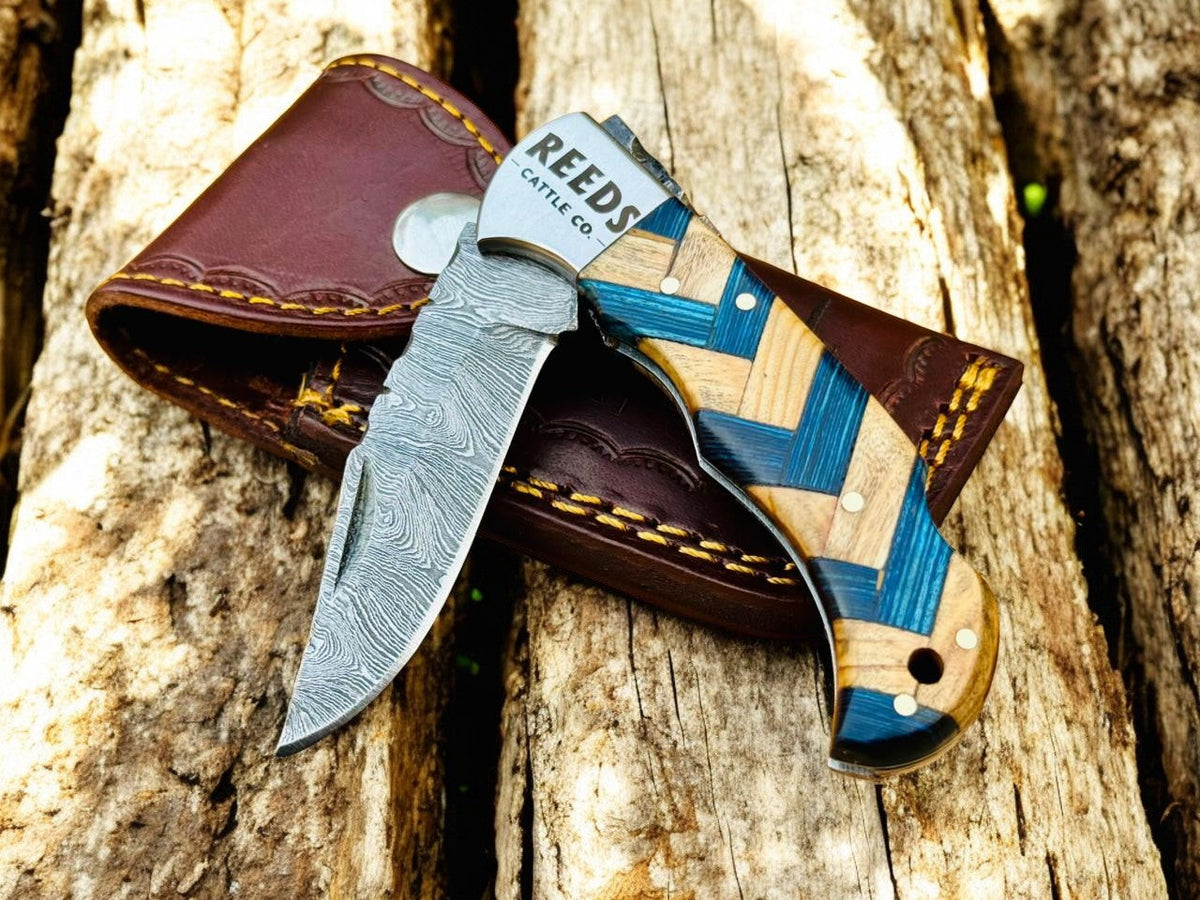Damascus steel folding pocket knife 3 inch blade olivewood handle