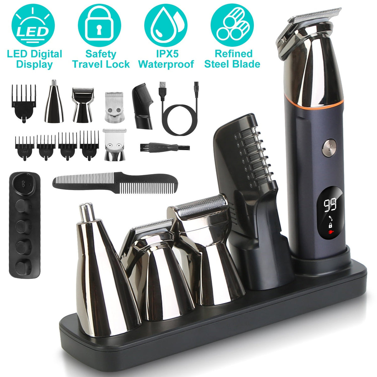 5-in-1 Beard Trimmer for Men – IPX5 Waterproof Cordless Grooming Kit