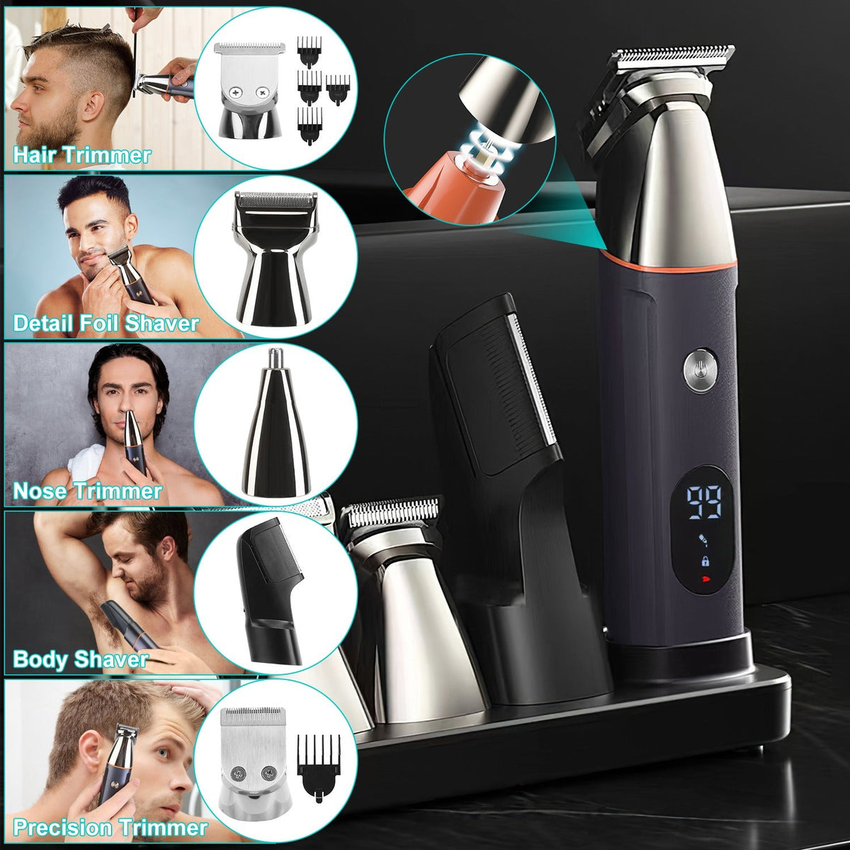 5-in-1 Beard Trimmer for Men – IPX5 Waterproof Cordless Grooming Kit